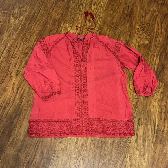 Madewell Red Embroidered Boho Blouse Size Medium Long Sleeve Top - Picture 2 of 11
